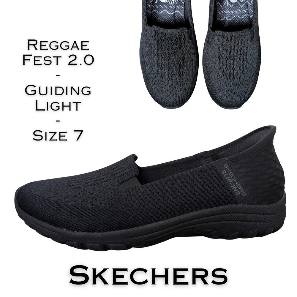 Skechers Reggae Fest 2.0 Slip Ins Loafers Womens 7 Black Knit Mesh Memory Foam